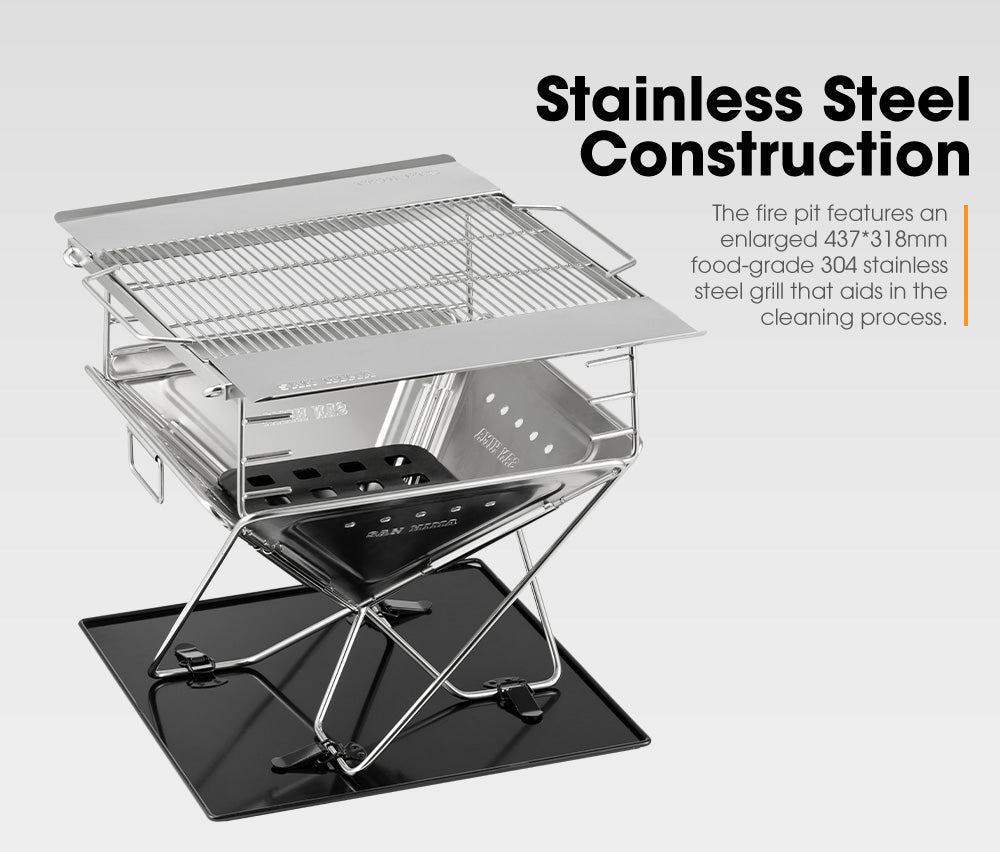 San Hima Portable Fire Pit Large Size Folding Stainless Steel BBQ Braai Grill Outdoor