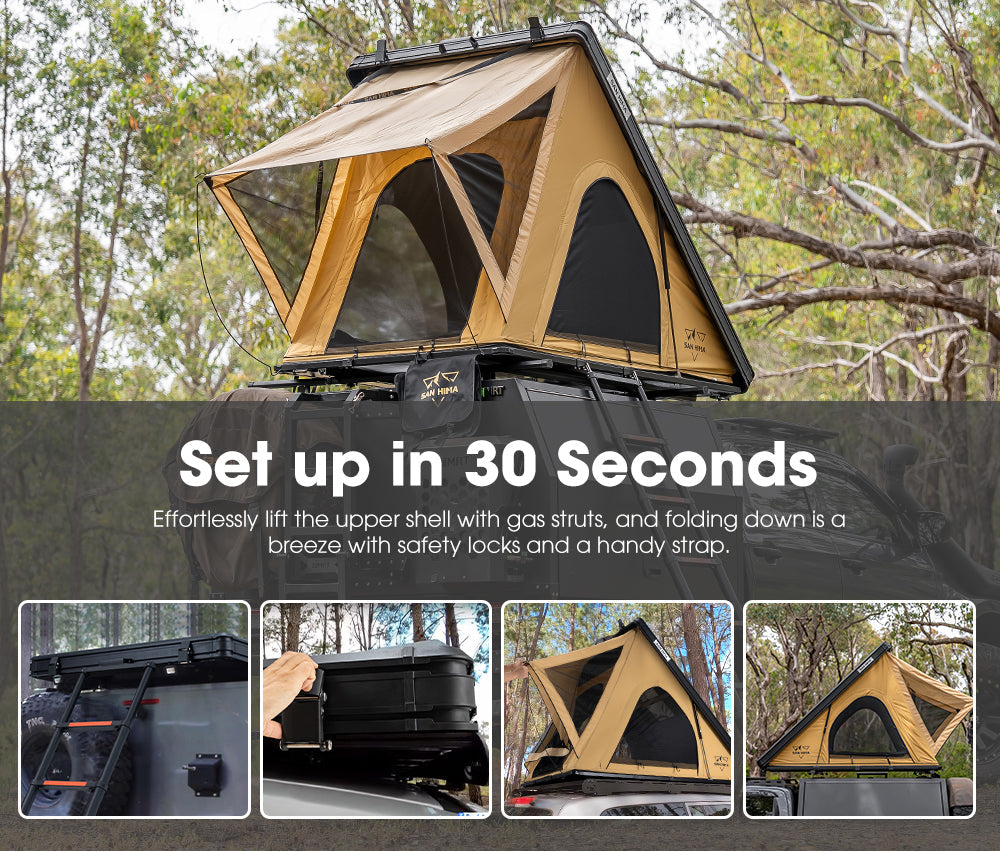 San Hima Kalbarri Lite Rooftop Tent Hardshell With Ladder Khaki Camping 4WD 4x4